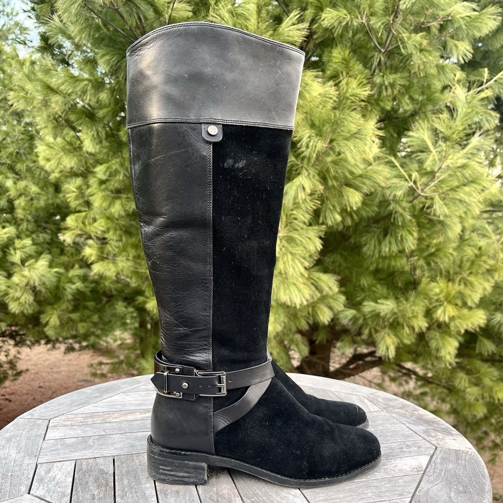 Vince Camuto Jaran Riding Boot Womens 7 Tall Black Leather Suede Silver Hardware